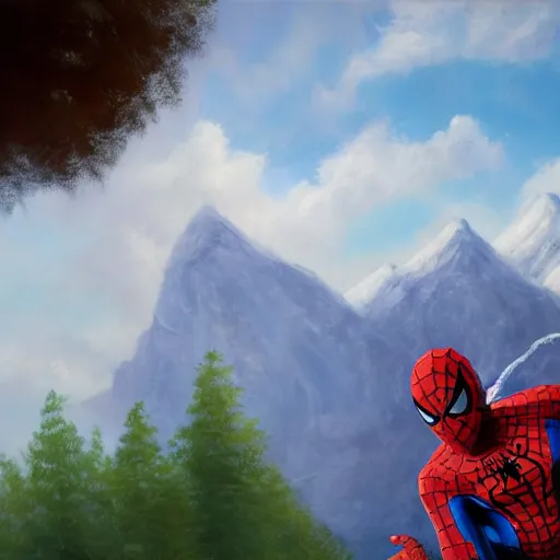 Image similar to a closeup photorealistic photograph of bob ross working on a canvas painting of spiderman. film still. brightly lit scene. mountains and trees. this 4 k hd image is trending on artstation, featured on behance, well - rendered, extra crisp, features intricate detail, epic composition and the style of unreal engine.