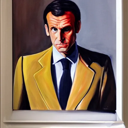 Prompt: highly realistic painting of Emmanuel Macron in American Psycho (1999)