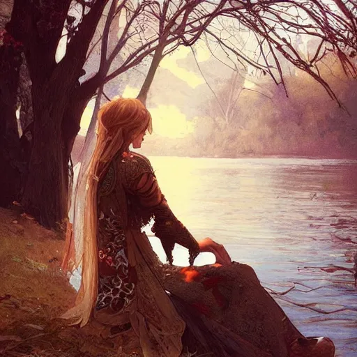 Image similar to A portrait of A beautiful!!! female knight sitting by the lake by greg rutkowski and alphonse mucha,In style of digital art illustration.Dark Fantasy.WLOP.hyper detailed,smooth, sharp focus,trending on artstation,4k