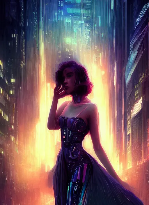 Prompt: beautiful young woman, gorgeous face, sad eyes, tears, bladerunner city landscape, cybernetic, wires, technology, vaporwave aesthetic, synthwave, cyberpunk, colorful, intricate, elegant, highly detailed, digital painting, artstation, concept art, smooth, sharp focus, illustration, art by artgerm and greg rutkowski and alphonse mucha