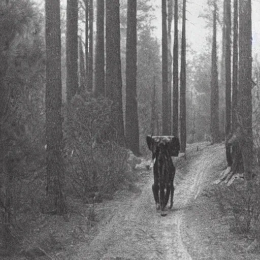 Prompt: a 1 9 0 0 s grainy photo of a bipedal monster catch in a desert road inside a dense forest