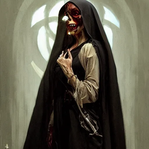 Image similar to A portrait of A zombie nun glowing black by greg rutkowski and alphonse mucha,In style of digital art illustration.Dark Fantasy.darksouls.hyper detailed,smooth, sharp focus,trending on artstation,4k