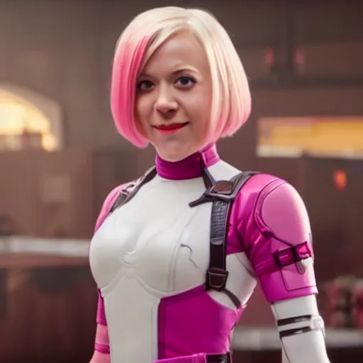 Prompt: A still of Gwenpool in Deadpool 3 (2023), early 20's in age, blonde hair with pink highlights, no mask, white and light-pink outfit, smiling at the camera, comics accurate design