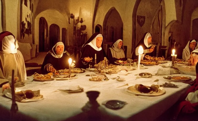 Image similar to Medieval knights and Nuns sitting around a big dinner table with candles in the shining by stanley kubrick, shot by 35mm film color photography