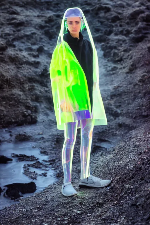 Image similar to an ultra high definition professional high fashion portrait studio full length photograph of a model wearing a transparent pearlescent raincoat and neon visor in an icelandic black rock environment at dawn. no artefacts. extremely detailed. stark. refraction. shallow depth of field. volumetric light and shadow. ray tracing. light rays.