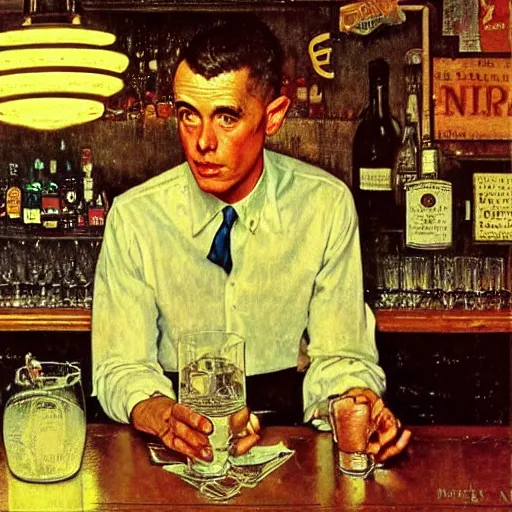 Image similar to a portrait of a man in the 1 9 6 0 s drinking alone in a bar late at night, by norman rockwell