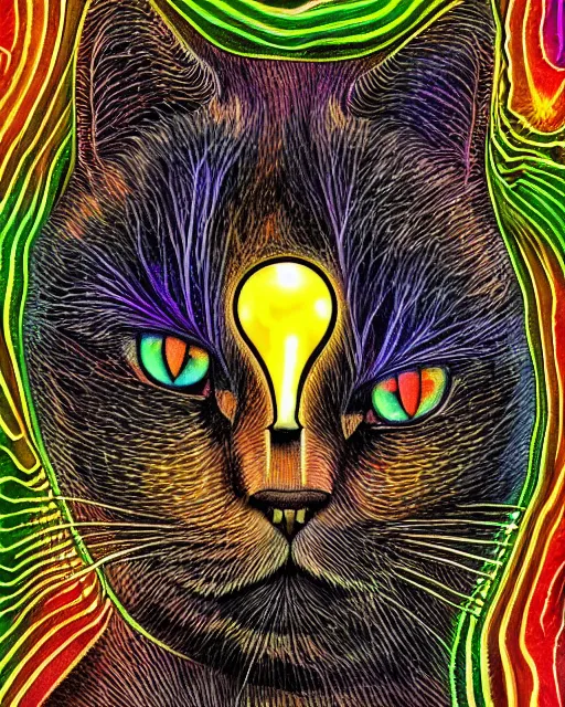 Prompt: portrait of a cat's head inside an upside down light bulb, kintsugi, modern fine art, intricate, elegant, subsurface scattering, highly detailed pop art painting, organic acrylic flow art, psychedelic fractal art, acrylic art, watercolor, featured on deviantart