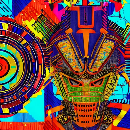 Prompt: a close up of a catchers mask on a colorful african textile background, cyberpunk art by esao and pablo amaringo, featured on behance, orphism, behance hd, kinetic, trance compilation cd