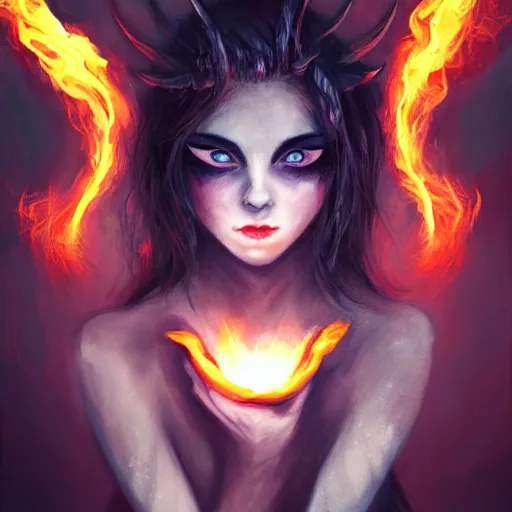 Prompt: female demon, beautiful, scary, fire, dark, cinematic, high detail,