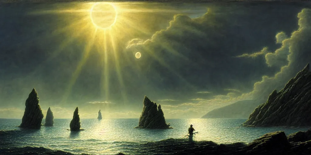 Prompt: three hobbits out at a lord of the rings scenery landscape, staring across the sea at a white timber sail boat leaving harbour, evening, god's rays highly detailed, vivid colour, soft clouds, full moon, cinematic lighting, perfect composition, gustave dore, derek zabrocki, greg rutkowski, belsinski