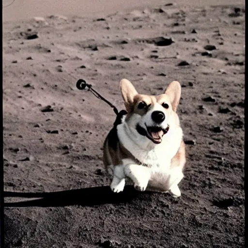 Prompt: corgi moon landing, vintage photograph by david lynch