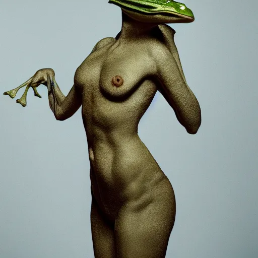 Prompt: masterpiece full body portrait of a woman's body with a frog's head, dramatic lighting, 8k