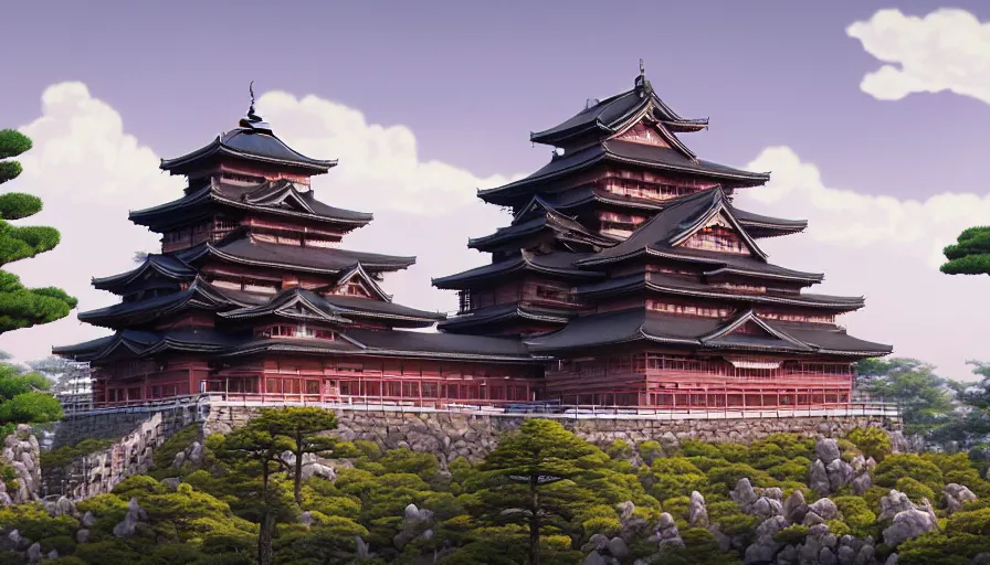 Image similar to A highly detailed matte painting of the huge japanese castle, wooden and dark, with matsu pine trees, with sakura cherry trees, by Studio Ghibli, Makoto Shinkai, by Artgerm, by beeple, by Greg Rutkowski, volumetric lighting, octane render, 4K resolution, trending on artstation, masterpiece