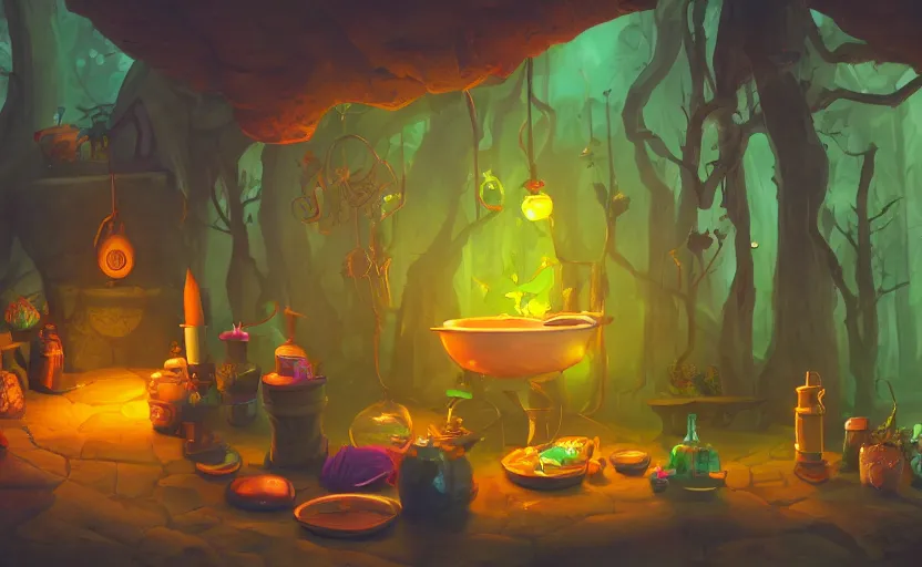 Prompt: interior of a witch's shot, bottles of potions, a large cauldron with bubbles, lush vegetation, artstation, concept art by peter chan, colorful lighting, pixel art