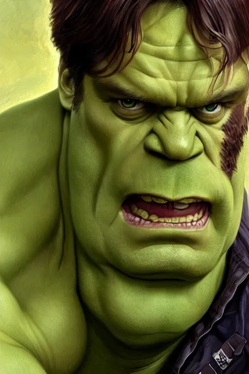 Image similar to Dwight Schrute as Hulk, Hulk costume, Dwight Schrute hairstyle, Hulk body type, Dwight Schrute Face, calm, grumpy, portrait, masculine figure, highly detailed, digital painting, artstation, concept art, smooth, sharp focus, illustration, cinematic lighting, art by artgerm and greg rutkowski and alphonse mucha