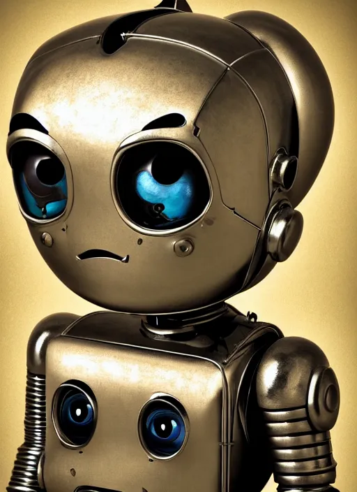 Image similar to highly detailed closeup portrait of a cute tin toy retro robot, nicoletta ceccoli, mark ryden, lostfish, earl nore, hyung tae, frank frazetta, global illumination, god rays, detailed and intricate environment