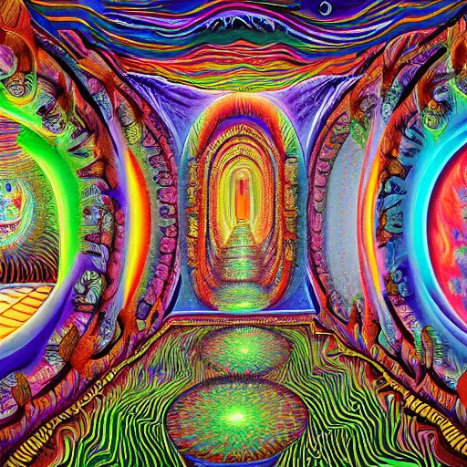 Prompt: highly detailed painting of the inside of a dmt temple filled with magical energy by mad dog jones and alex grey