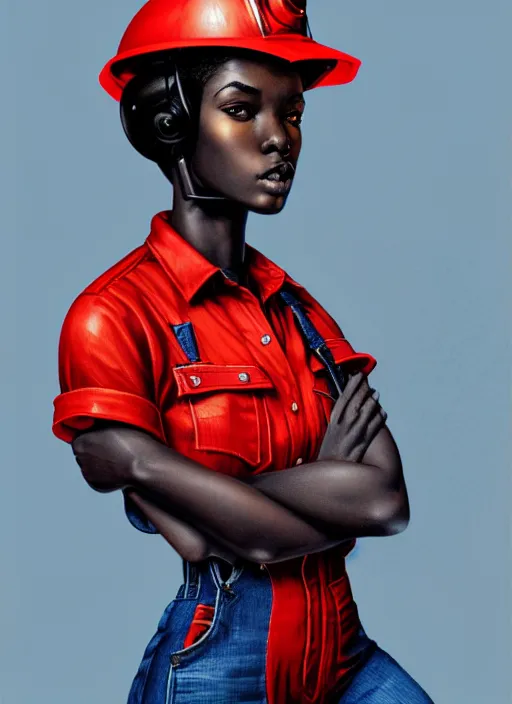 Image similar to full body portrait of young black woman as a firewoman, white t - shirt and blue denim overalls, red firemans helmet, intricate, beautiful and elegant, highly detailed, digital painting, artstation, concept art, smooth, sharp focus, illustration, art by wlop, mars ravelo and greg rutkowski