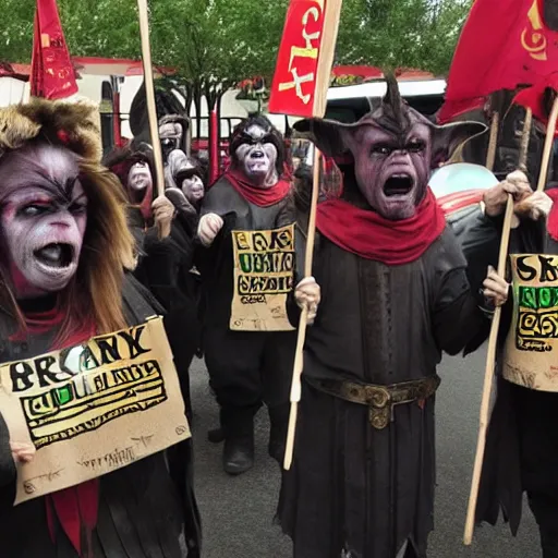 Prompt: Orcs protesting the working conditions in the Mordor McDonalds