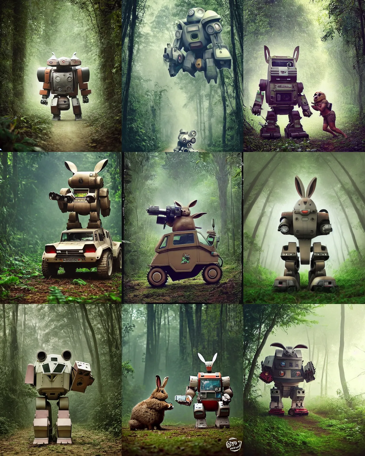 Prompt: epic chase!!!giant oversized battle rabbit robot chubby fat mech with big ears as battle mecha rabbit robot weapon fiat 126p , in jungle forest !!! , full body , Cinematic focus, Polaroid photo, vintage , neutral dull colors, foggy mist ,by oleg oprisco , by victor enrich , by gregory crewdson , by discovery channel