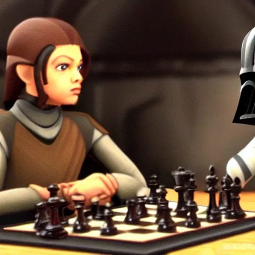 Prompt: Ashoka Tano playing chess with Darth Vader in The Clone Wars