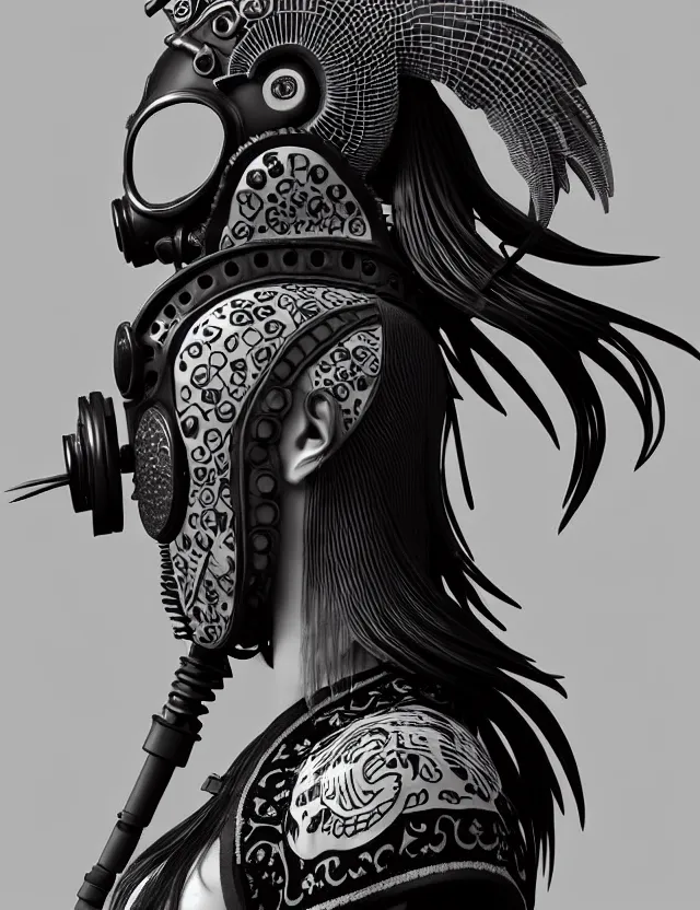 Image similar to 3 d goddess close - up profile punk portrait with vintage gas mask ram skull. beautiful intricately detailed japanese crow kitsune mask and clasical japanese kimono. betta fish, jellyfish phoenix, bio luminescent, plasma, ice, water, wind, creature, artwork by tooth wu and wlop and beeple and greg rutkowski