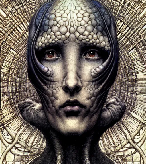 Image similar to detailed realistic beautiful young medieval alien robot grimez face portrait by jean delville, gustave dore and marco mazzoni, art nouveau, symbolist, visionary, gothic, pre - raphaelite. horizontal symmetry by zdzisław beksinski, iris van herpen, raymond swanland and alphonse mucha. highly detailed, hyper - real, beautiful, fractal baroque