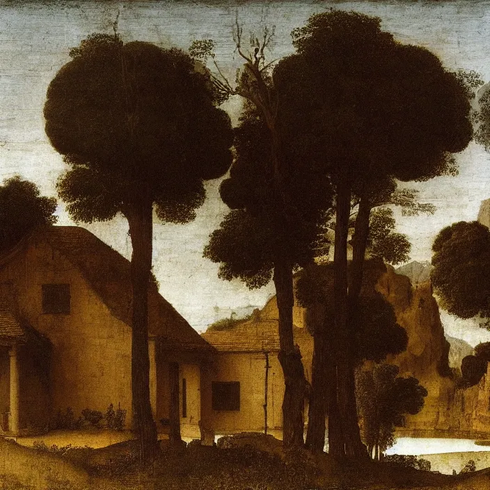 Image similar to a building in a serene landscape, by leonardo da vinci