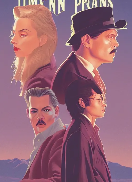 Prompt: Twin Peaks poster artwork by Michael Whelan and Tomer Hanuka, Rendering of Johnny Depp and Amber Heard solving mysteries together in scene from Twin Peaks, full of details, by Makoto Shinkai and thomas kinkade, Matte painting, trending on artstation and unreal engine