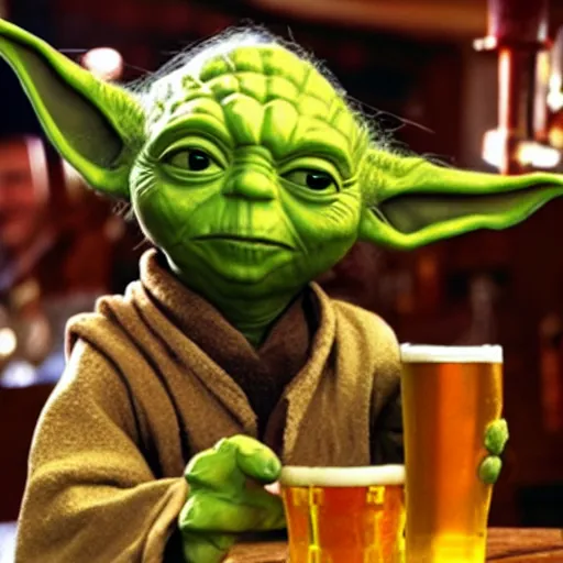 Prompt: Yoda drinking a beer in a pub