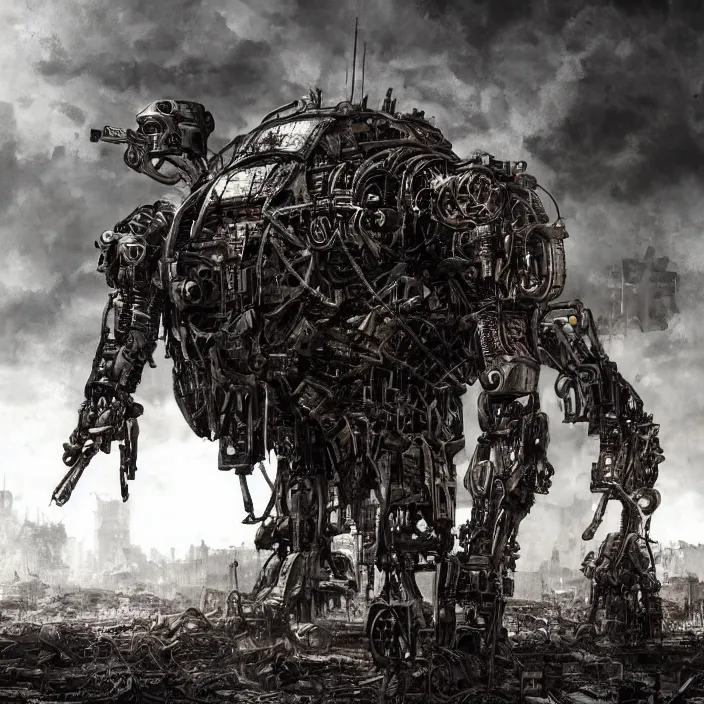 Image similar to gritty apocalyptic human - cyborg standing amongst destroyed machinery, hyper - detailed, sharp focus, 4 k ultra hd, fantasy dark art, apocalyptic art