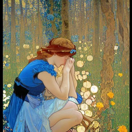 Image similar to landscape art nouveau painting of an beautiful girl dressed as a farmer and her blue fox in the forest, by alphonse mucha and gustav klimt and antoni gaudi, masterpiece,, warm shades of blue, silver, orange, gold, and pink, oil painting, high resolution, very detailed, oil on canvas, trending on artstation