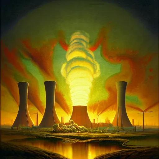 Prompt: A nuclear power plant in utopia by Simon Stålenhag and J.M.W. Turner, oil on canvas; Nuclear Fallout, Art Direction by Adam Adamowicz