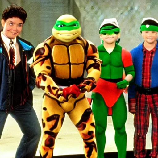 Image similar to teenage mutant ninja turtles on saved by the bell tv show still