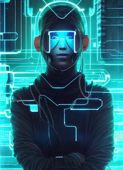 Prompt: highly detailed portrait of a cyberpunk sci - fi hacker, wires connect to the head, stephen bliss, unreal engine, greg rutkowski, loish, rhads, beeple, makoto shinkai and lois van baarle, ilya kuvshinov, rossdraws, tom bagshaw, alphonse mucha, global illumination, detailed and intricate environment