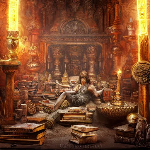 Image similar to !dream epic view of an ancient dark byzantine interior, ornate oil lamp on a pile of crystals, books covered in jewels, ornate, surrounded by strange statues and treasure, full of sand and dust, hyper real, Indiana Jones, Tomb Raider, trending on artstation, concept art, cinematic, jewels, by Greg Rutkowski