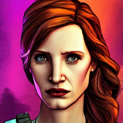 Image similar to jessica chastain portrait, borderlands, tales from the borderlands, the wolf among us, comic, cinematic lighting, studio quality, 8 k