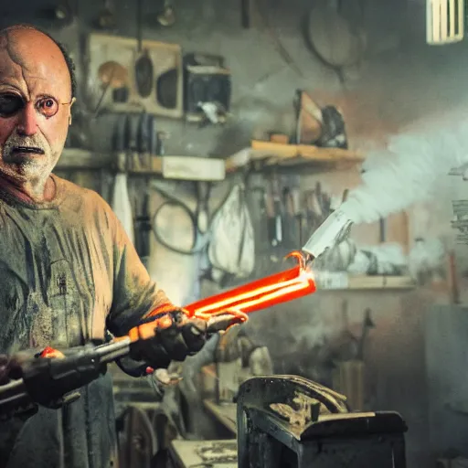 Image similar to weapon made from old egg beater, balding older cyborg repairing, red hot soldering iron, dark messy smoke - filled cluttered workshop, dark, dramatic lighting, orange tint, cinematic, highly detailed, sci - fi, futuristic, movie still from blade runner