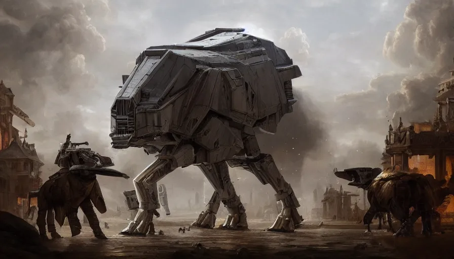 Image similar to baroque painting of at - at walking and destroying villages and cities, hyperdetailed, artstation, cgsociety, 8 k