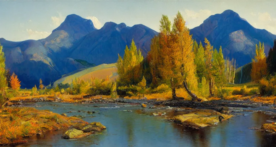 Prompt: Realist colorful impasto painting of the Salmon River mountains by John Harris, 4k scan, oil on canvas,