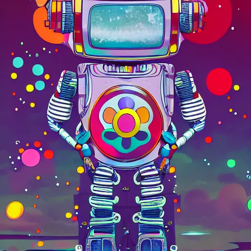 Image similar to a robot mascott by takashi murakami,, beeple and james jean, aya takano color style, 4 k, super detailed, night sky, digital art, digital painting, celestial, majestic, colorful