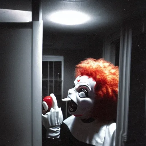 Prompt: creppy 2 0 0 1 photo of ronald mcdonald screaming in a dark room