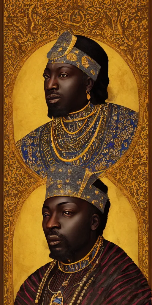 Image similar to a stunning and noble highly detailed romantic period style portrait of mansa musa by josep tapiro baro and harles sillem lidderdale, trending on artstation, oil painting masterpiece, symmetry, rule of thirds, mysterious, photorealistic, very very very aesthetic, african iconography