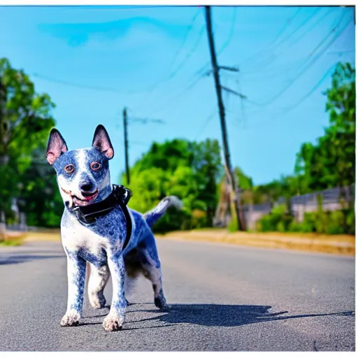 Image similar to blue heeler dog on a motorcycle, 8 k photography, blurred background of a wafflehouse