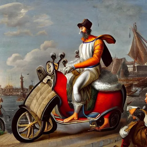 Prompt: amerigo vespucci on a vespa