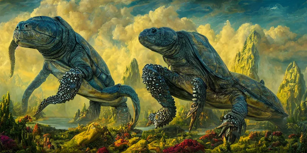 Image similar to fantasy oil painting, great leviathan, cybernetic turtle cephalopod terrapin reptilian pachyderm squid, bella hadid, hybrid, milla jovovich, anubis, epic natural light, lush plants flowers, spectacular mountains, bright clouds, luminous sky, outer worlds, golden hour, michael cheval, edward hopper, michael whelan, vray, hd