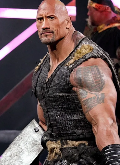 Image similar to dwayne johnson entering entrances ramp of smackdown as samurai!