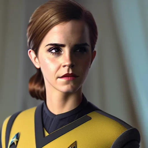 Image similar to a full body portrait of emma watson as a star fleet officer from star trek next generation, ultra rendered extreme realism and detail, 8 k, highly detailed, realistic, completely framed, hyper realistic, colorful, direct lighting, 3 5 mm photo, photorealistic, sharp focus