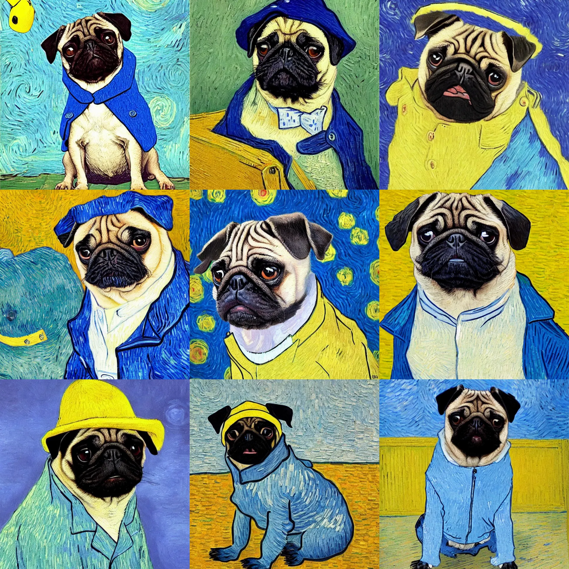 Prompt: a confused pug, wearing a blue jacket, a white shirt and a funny yellow hat as a Van Gogh painting. (Vincent Van Pug)