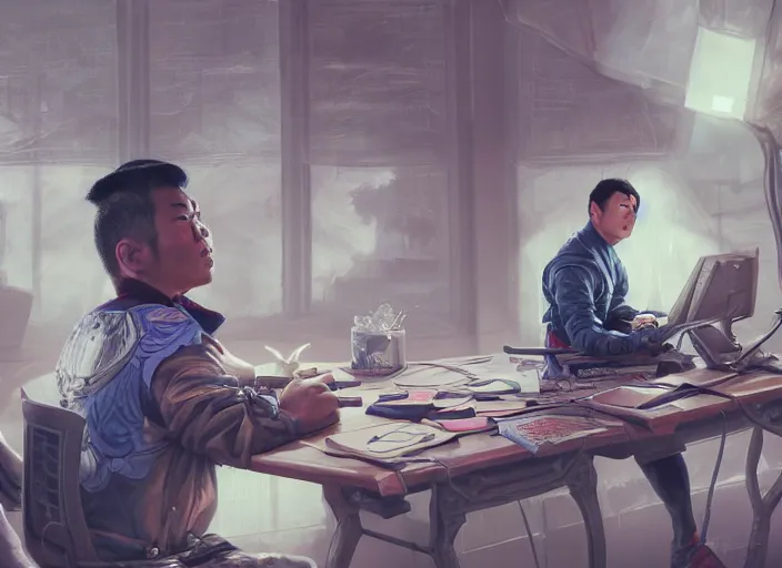 Image similar to an insanely detailed painting of an asian man wearing a homemade superhero costume, sitting at a desk, staring seriously at the computer and typing, in the style of peter mohrbacher, james jean, dramatic lighting and composition, surreal background, octane render, pixar, trending on artstation, concept art, comic book, view from behind, 8 k